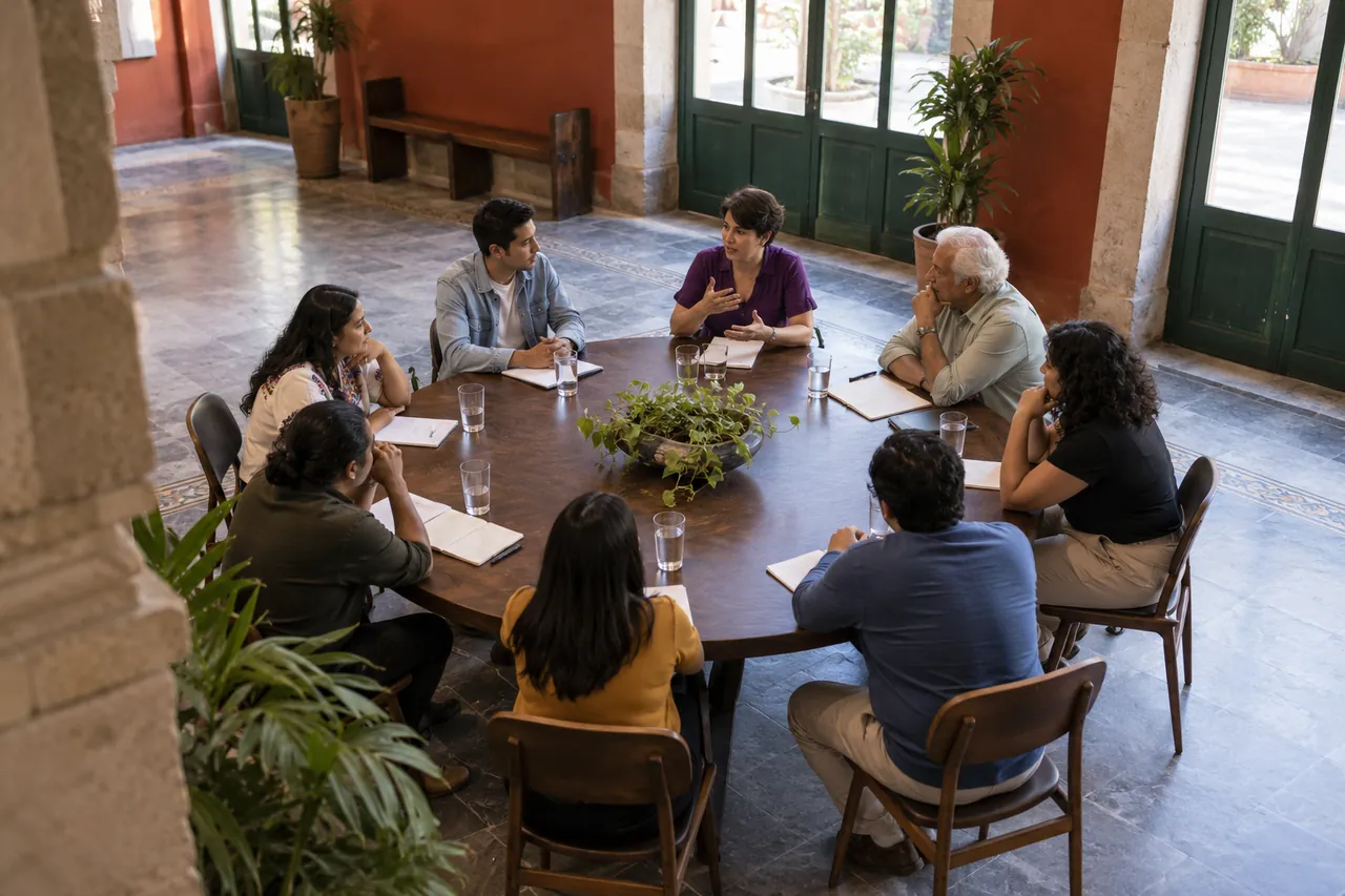 ibj-dialogo-1-nueva Escena ilustrativa de una mesa redonda con participantes de distintos ámbitos en un centro cívico.