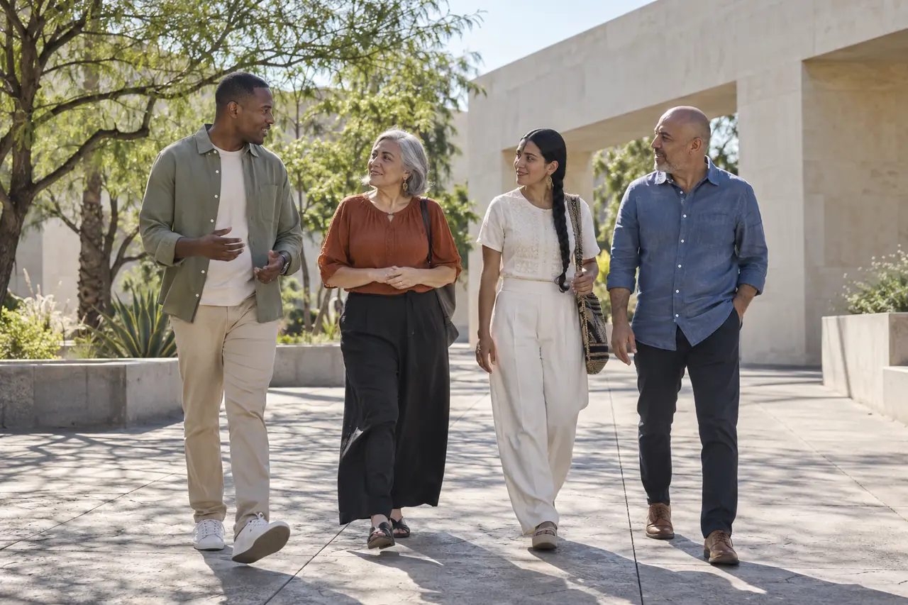 IBJ México – Nosotros Escena ilustrativa de profesionales de la sociedad civil caminando y conversando en un patio público.