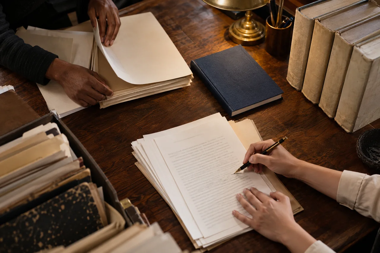 Escena ilustrativa de trabajo documental: manos revisan expedientes y libros sobre un escritorio.