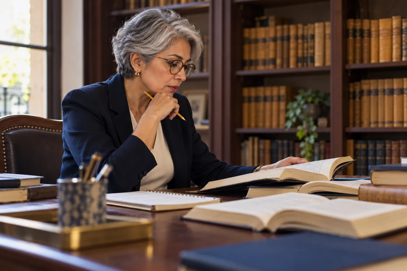 Imagen ilustrativa: investigadora jurídica consultando libros en una biblioteca.
